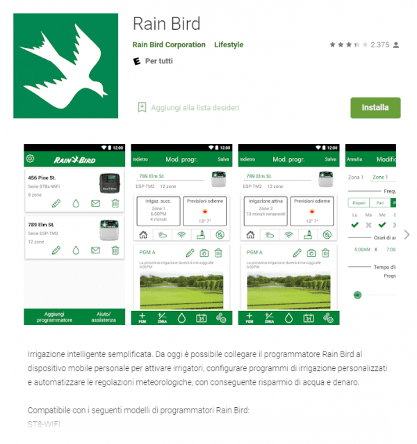 app rain bird per la connessione wi-fi